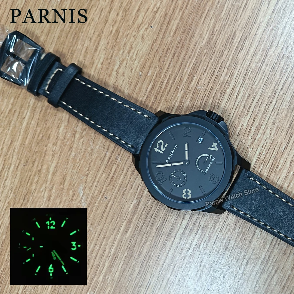 Parnis 44mm Black Case Automatic Mechanical Men Watch Power Reserve Indicator Luminous Marker Sapphire Crystal Watch for Men
