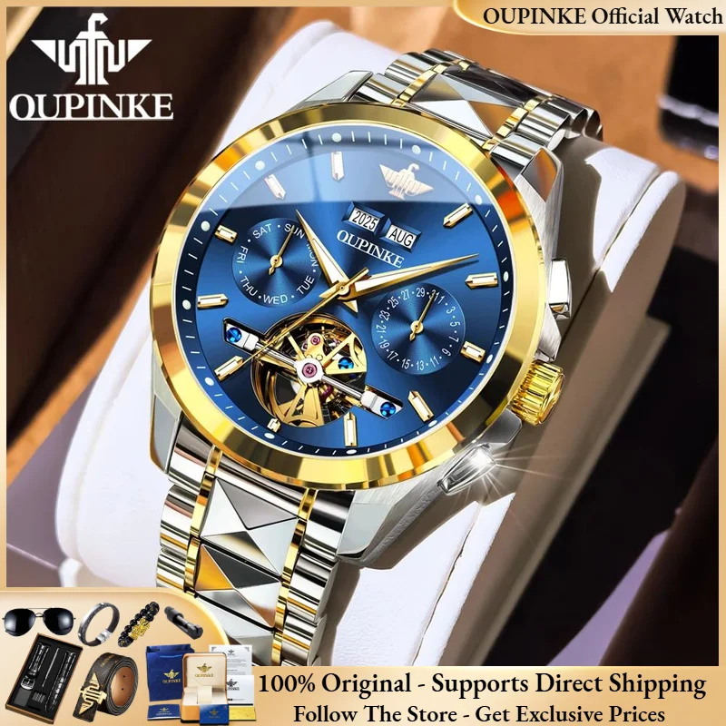 OUPINKE 3290 All Automatic Watch Luxury Men Mechanical Watch Brand Multi functional Waterproof Date Flywheel Hollow Men Watch