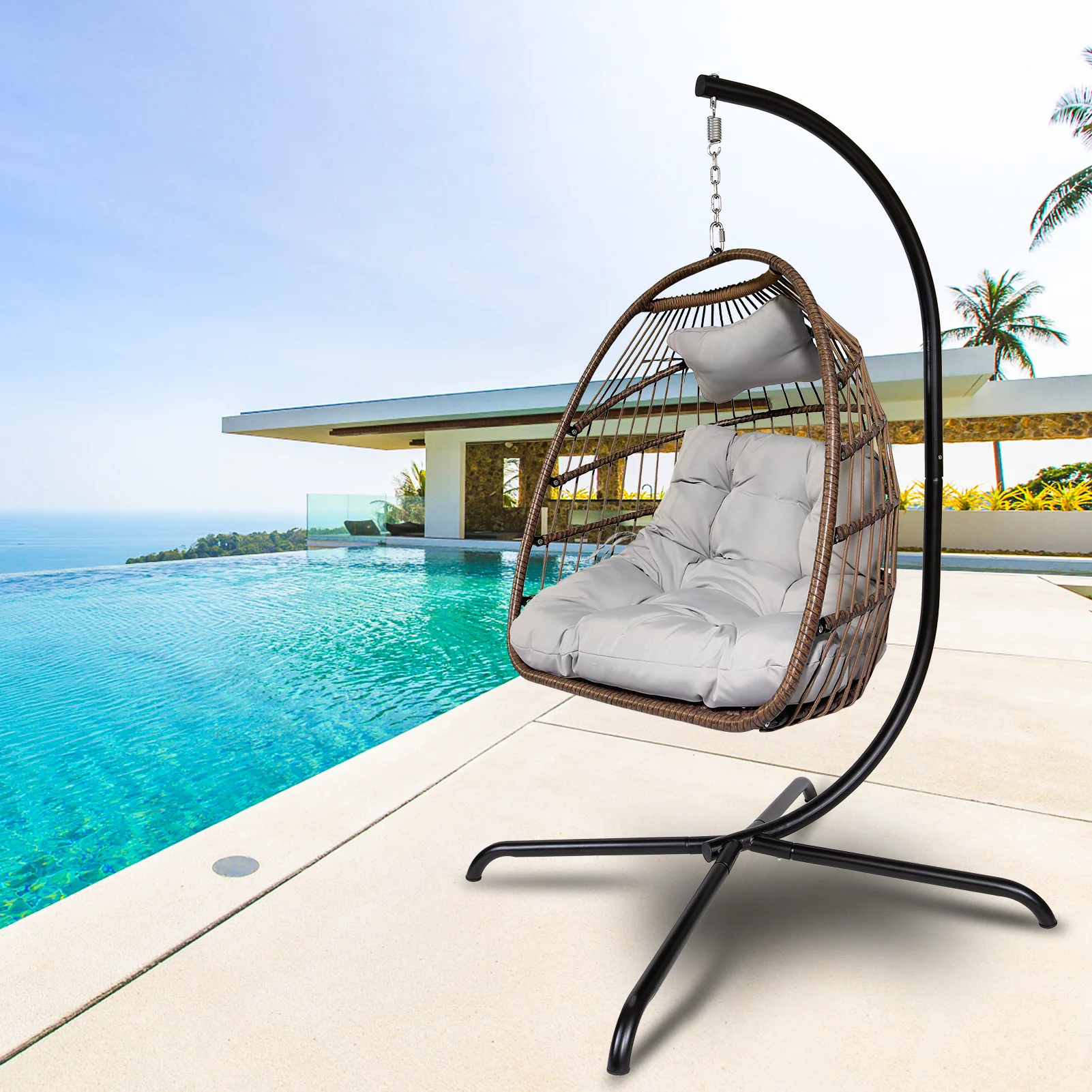 Swing Egg Chair with Stand Indoor Outdoor Wicker Rattan Patio Basket Hanging Chair with C Type bracket