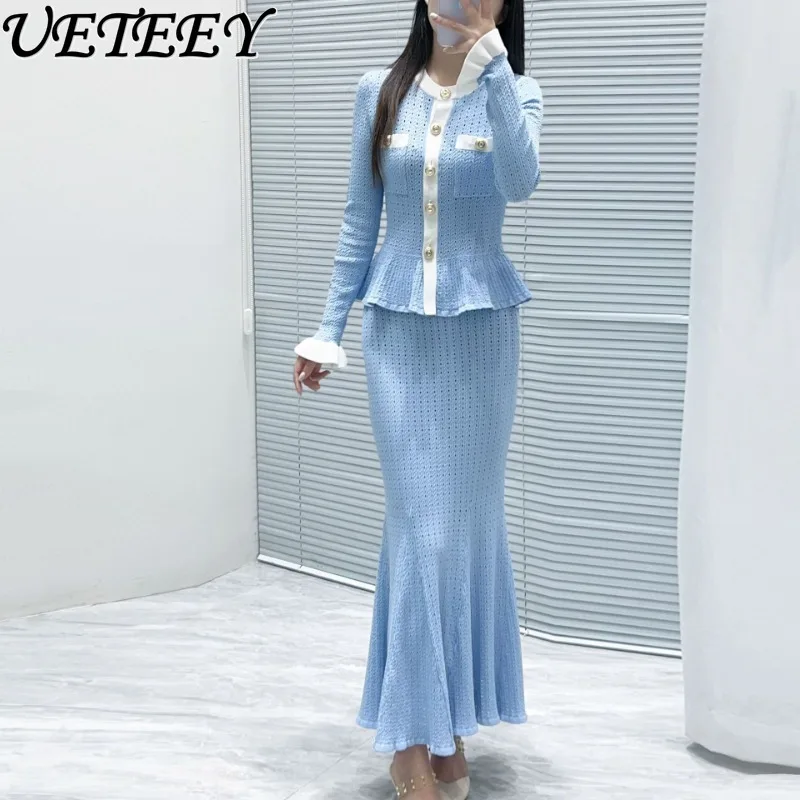 

Осенний новый темперамент знаменитостей, модный элегантный контрастный цветной топ с круглым вырезом и металлической пряжкой + костюм с длинной юбкой с высокой талией