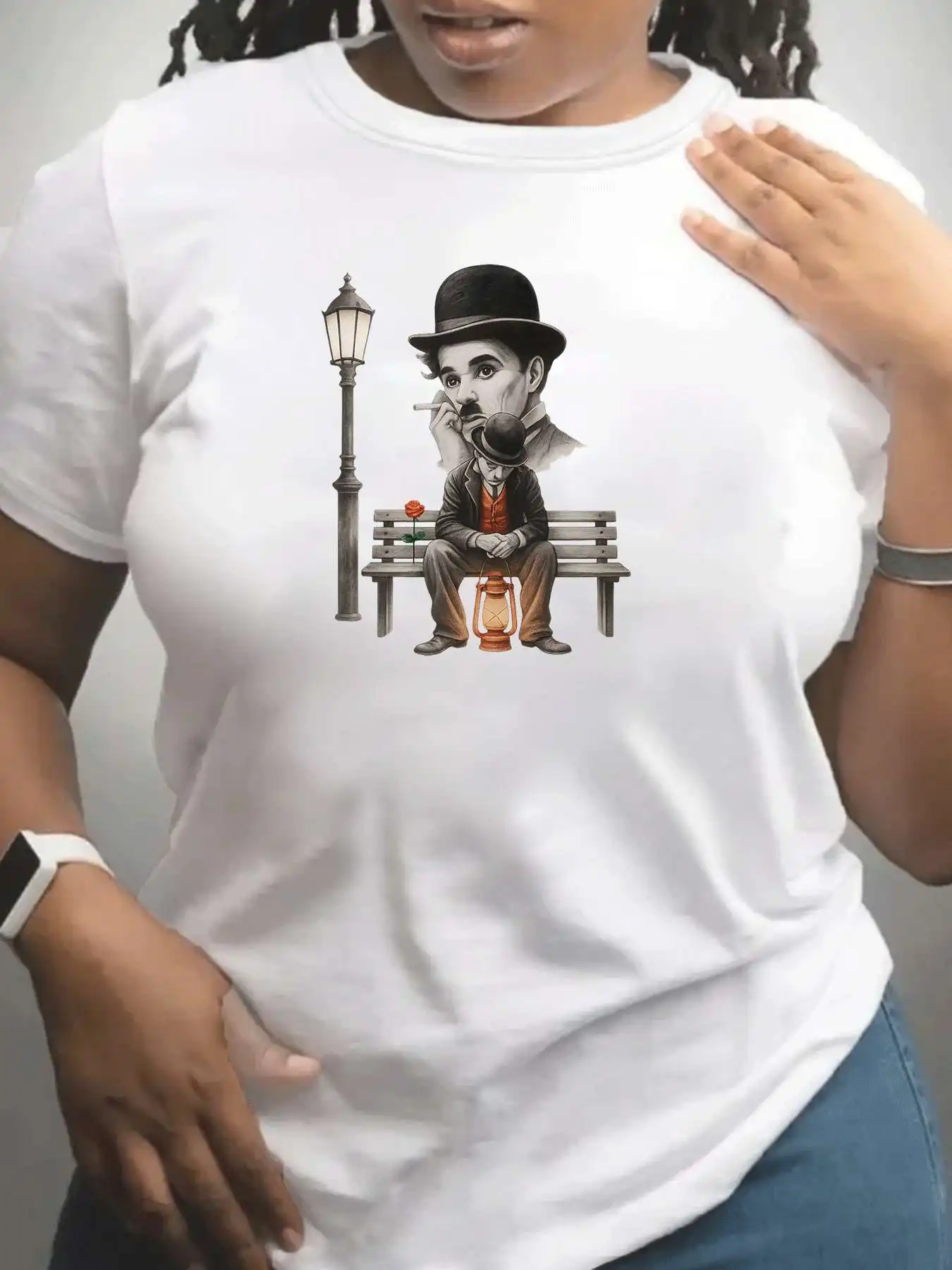 【33578】 Koszulka damska plus size z okrągłym dekoltem, krótkim rękawem, elastycznymi rękawami do połowy ramienia i modnymi nadrukami