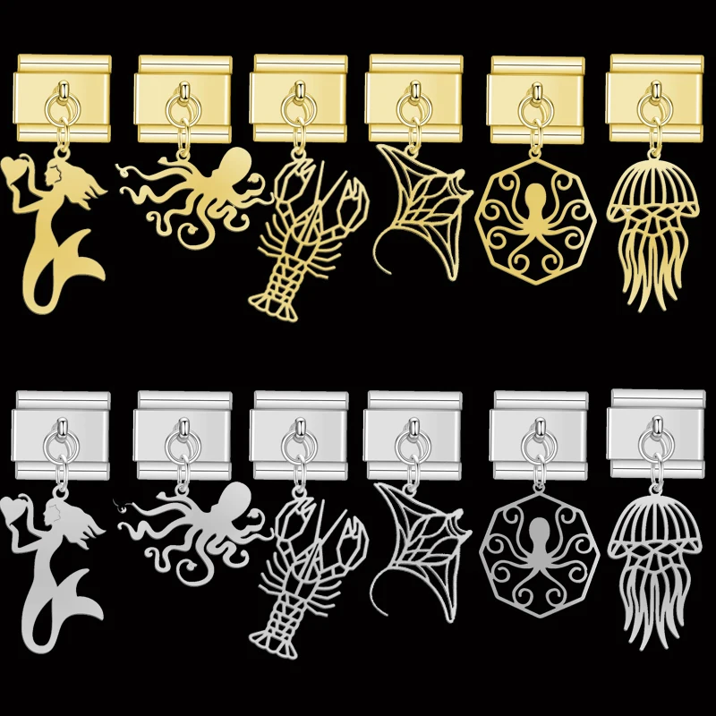 

Sea Animal Charms Octopus/Mermaid/Manta Ray Dangle Italian Link Stainless Steel 9mm Bracelets Chains DIY Jewelry Making Supplies