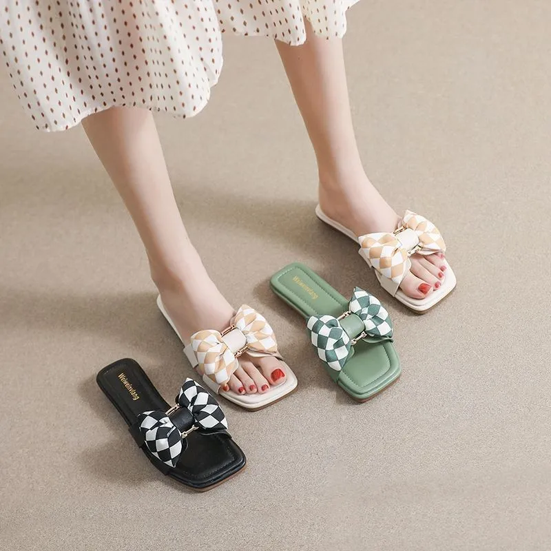 Outside Slippers Girl Shoes Korean Version Bow Slippers Women Designer Sandals Summer Square Head Slippers Women Flip Flops