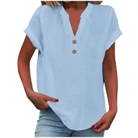 Camisa transpirable de lino y algodón para mujer, camisa básica y versátil de Color sólido con cuello en V y botones, informal y cómoda para oficina, Verano