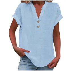 Summer Cotton Linen Breathable Solid Color Button Down V-neck Shirt Basic And Versatile Casual Comfortable Lady Office Tops