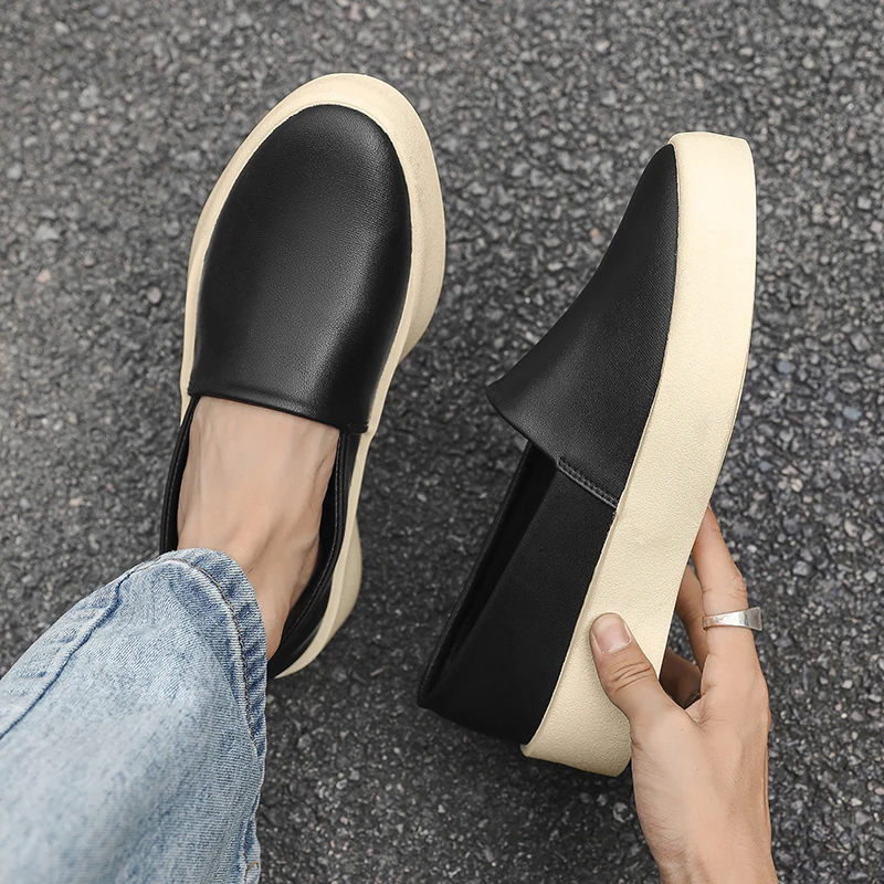 2025 Concise Men Flats Shoes Round Toe Frosted Cowhide Upper Hard Wearing Comfortable Solid Casual Sneakers Daily Walking Shoes