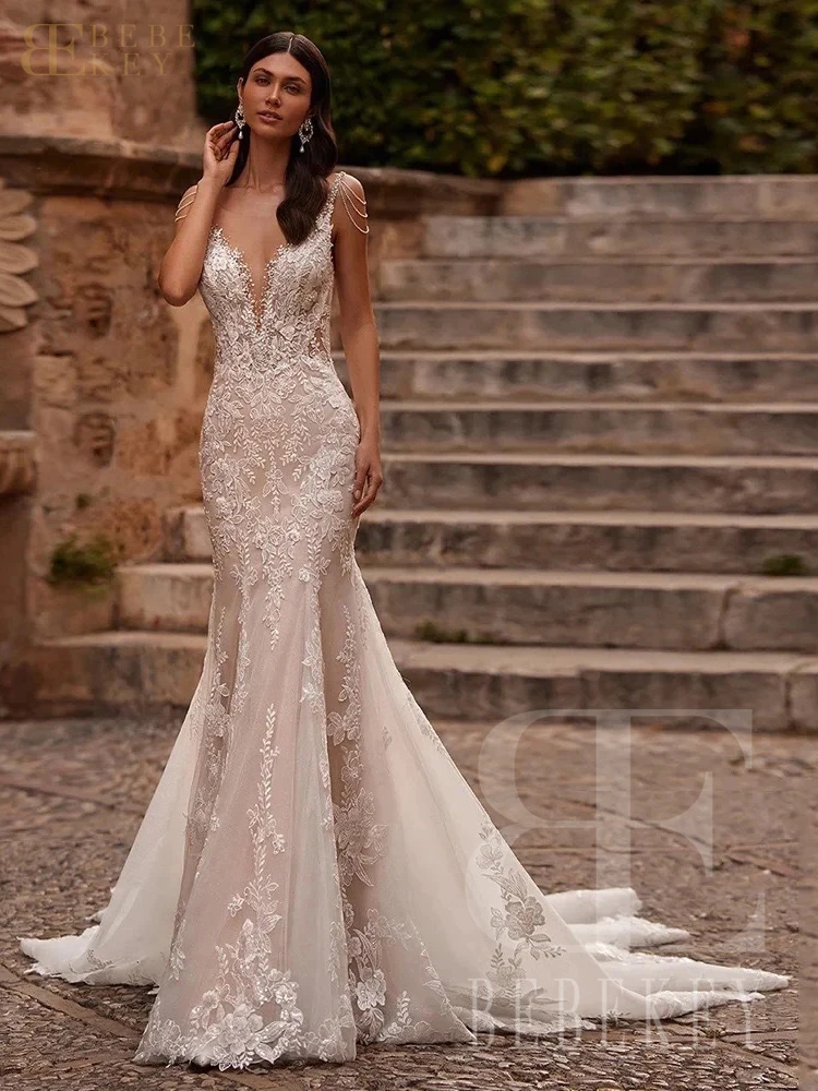BEBEKEY Customized Luxury Lace Wedding Dress Beaded Appliques Wedding Party Gown Mermaid Bridal Dresses Backless Formal Gowns image 2