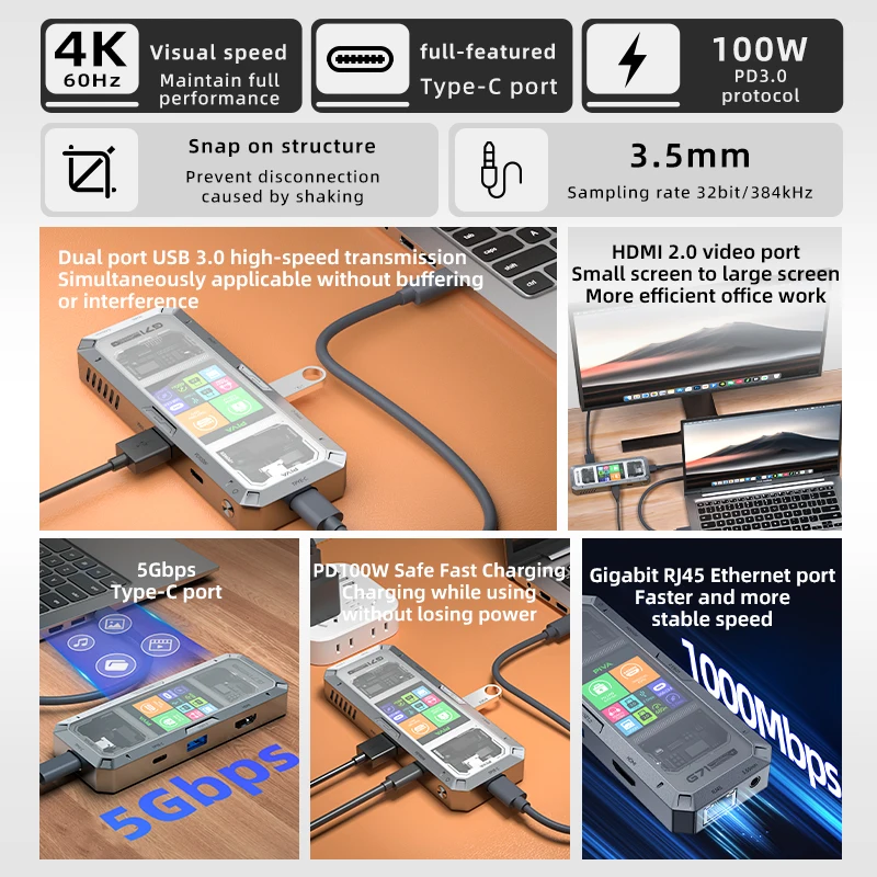 PIVA G71 7 في 1 محطة إرساء مكتبية من سبائك الألومنيوم شاشة عرض ذكية من النوع C إلى HDMI2.0 USB3.0 HUB PD100W محول