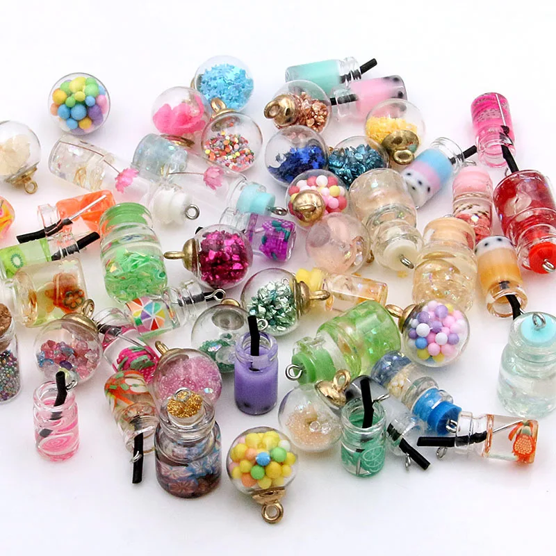 

Z86 10Pcs Cute Mix Glass Bottles Milk Tea Cup Ball Earring Charms Diy Finding Keychain Bracelets Pendant For Jewelry Making Gift