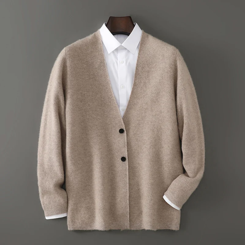 2025 New Products 100% Merino Wool Men's V-neck Knit Cardigan Autumn Winter Solid Color Business Casual Cashmere Jacket Sweater