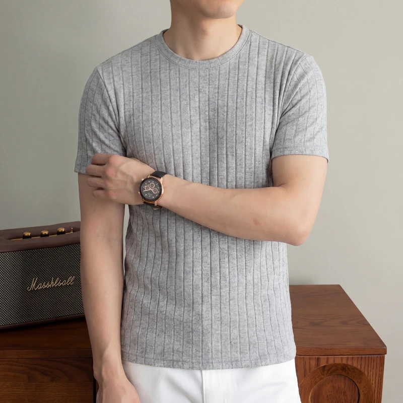 Business Casual Geripptes T-Shirt für Herren Kurzarm Weicher Stoff Bequeme Passform für Büroarbeit und formelle Freizeitveranstaltungen – Detail 20
