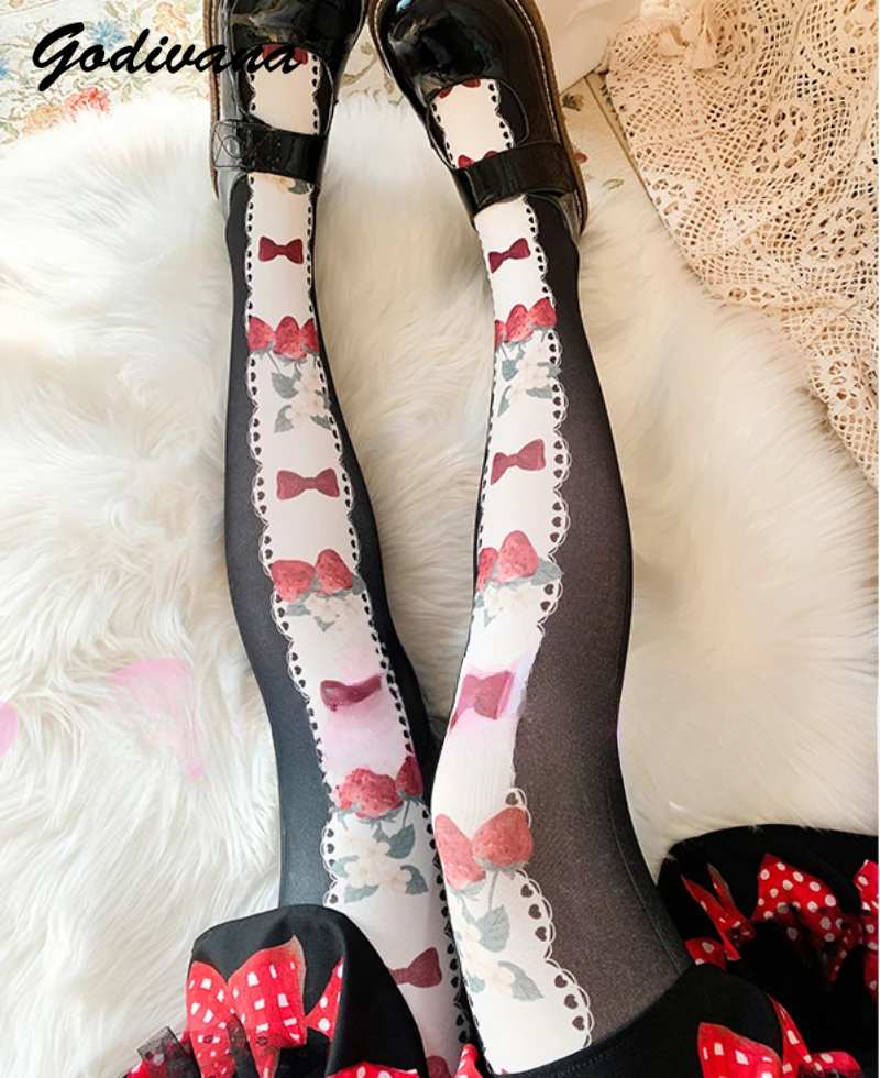 

Strawberry Bow Tie Printed Lolita Socks for Women Spring Summer 120d Velvet Printed Pantyhose Sweet Japanese Long Socks Tights