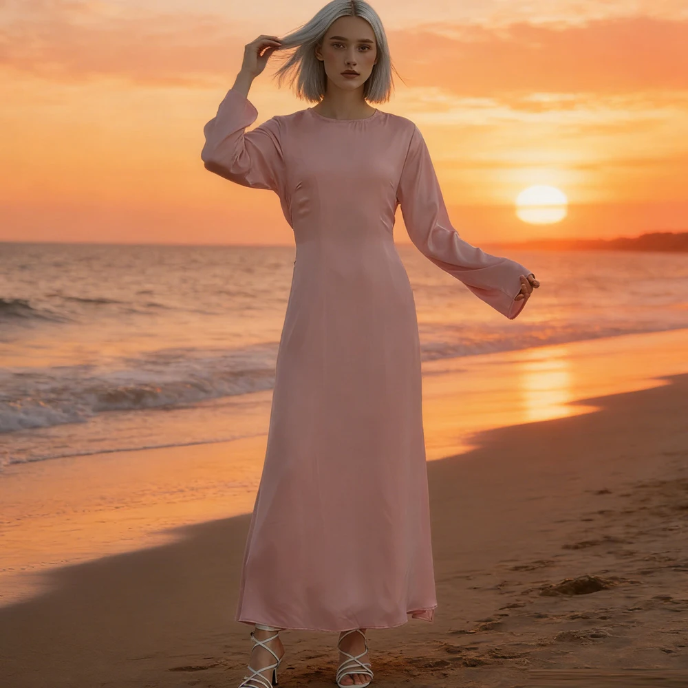 

Eid Ramadan Muslim Satin Dress Women Dubai Abaya Kaftan Islam Clothing Turkey Robe Arabic Vestidos Gown Jalabiya Caftan Femme