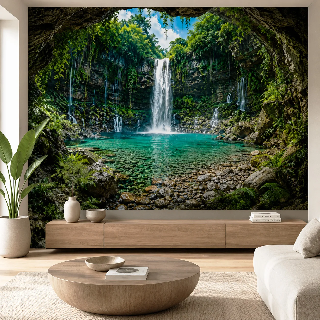 3D Waterfall Cave Wall Mural Wallpaper Tropical Forest Landscape Living Room Bedroom Decor Non Self Adhesive