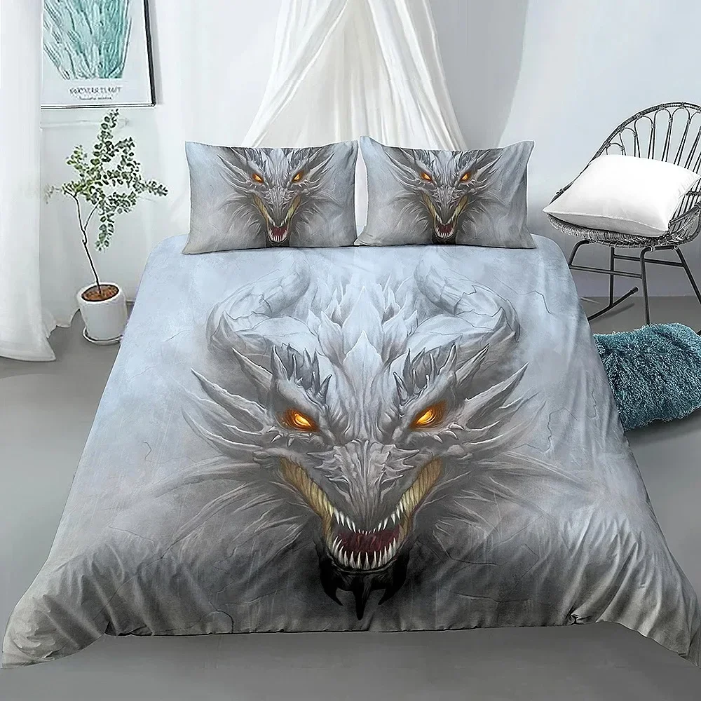 Dragon Head Duvet Cover Set 3D Print Grey Colour Comforter Cover King Queen Size for Kids Boys Girls Teen Polyester Bedding Set