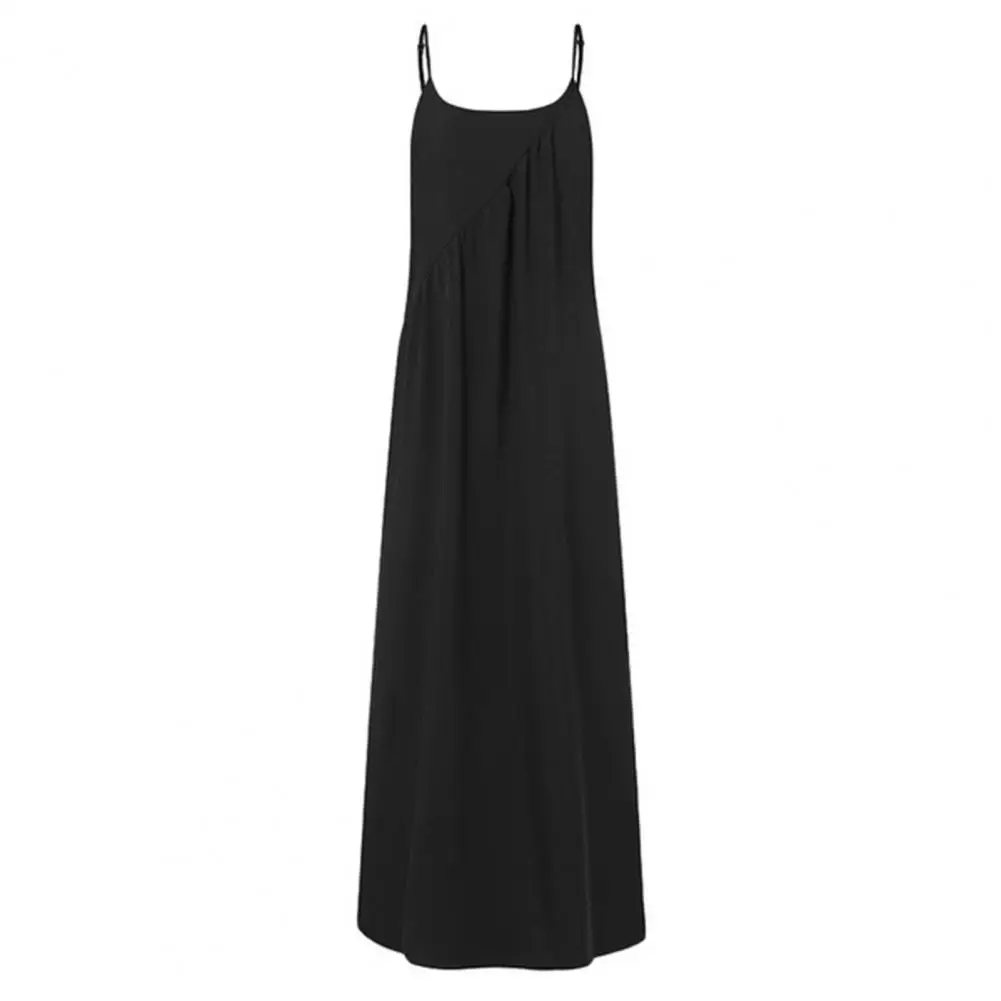 Elegante vestido maxi feminino com alças de esparguete, monocromático, sem encosto, linha A, longo, verão