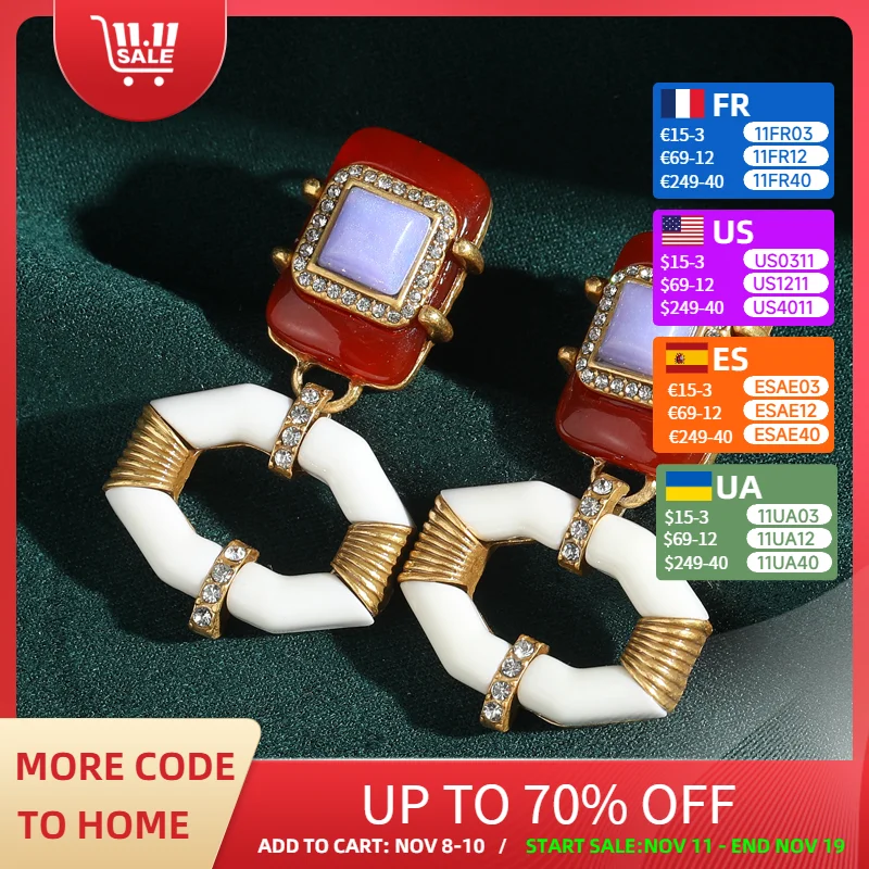 

Vintage Square Statement Earrings Pink Gold Color Hollow Hexagonal Kiss Purple Natural Stone Quality Luxury Designer Trend 2025