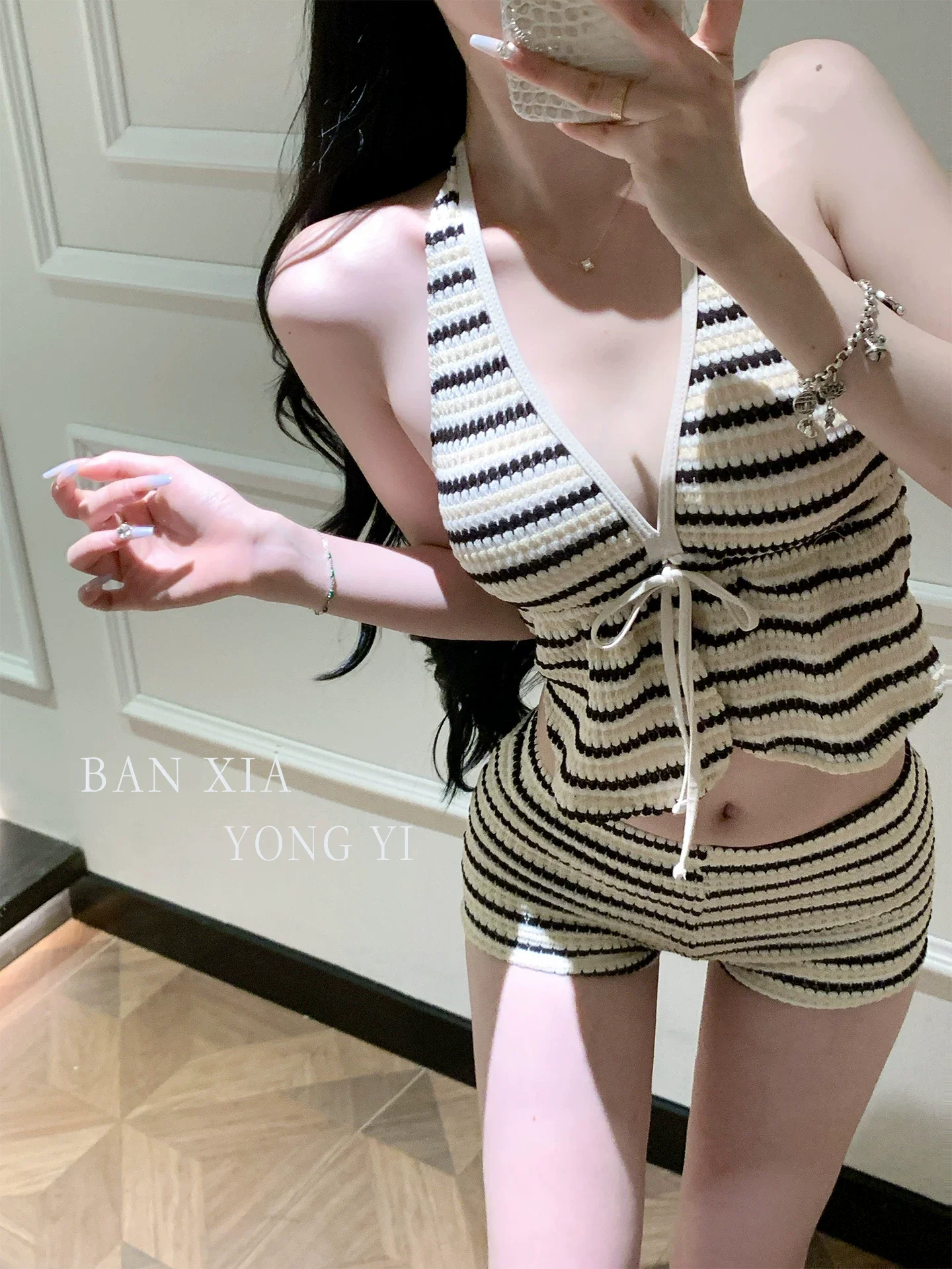 Women Swimsuit, Luxury Minimalist Halter Tie Bikini, Modest Boyshort Bottom, Supportive for Small Bust, Ideal for Beach Vacation