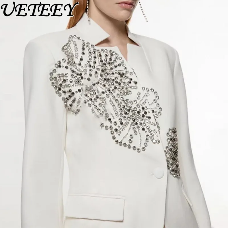

2025 New Autumn Solid Women Long Sleeve Blazer Coat Diamond Embellishments Loose Straight-Leg Small Suit Elegant Commuting Style