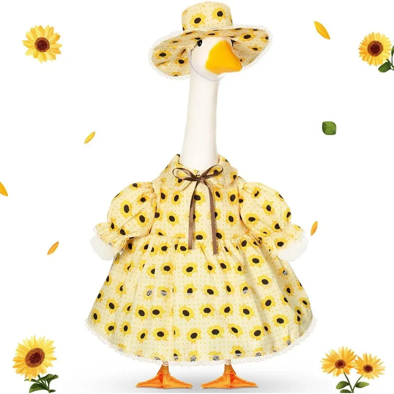 Sunflower-Themed Goose Costume, Yellow Sunflower Pattern Summer Dress with Lace And Sun Hat, Suitable for 23-Inch Goose Statue for Decorative Goose Statue, Yard Art Decoration