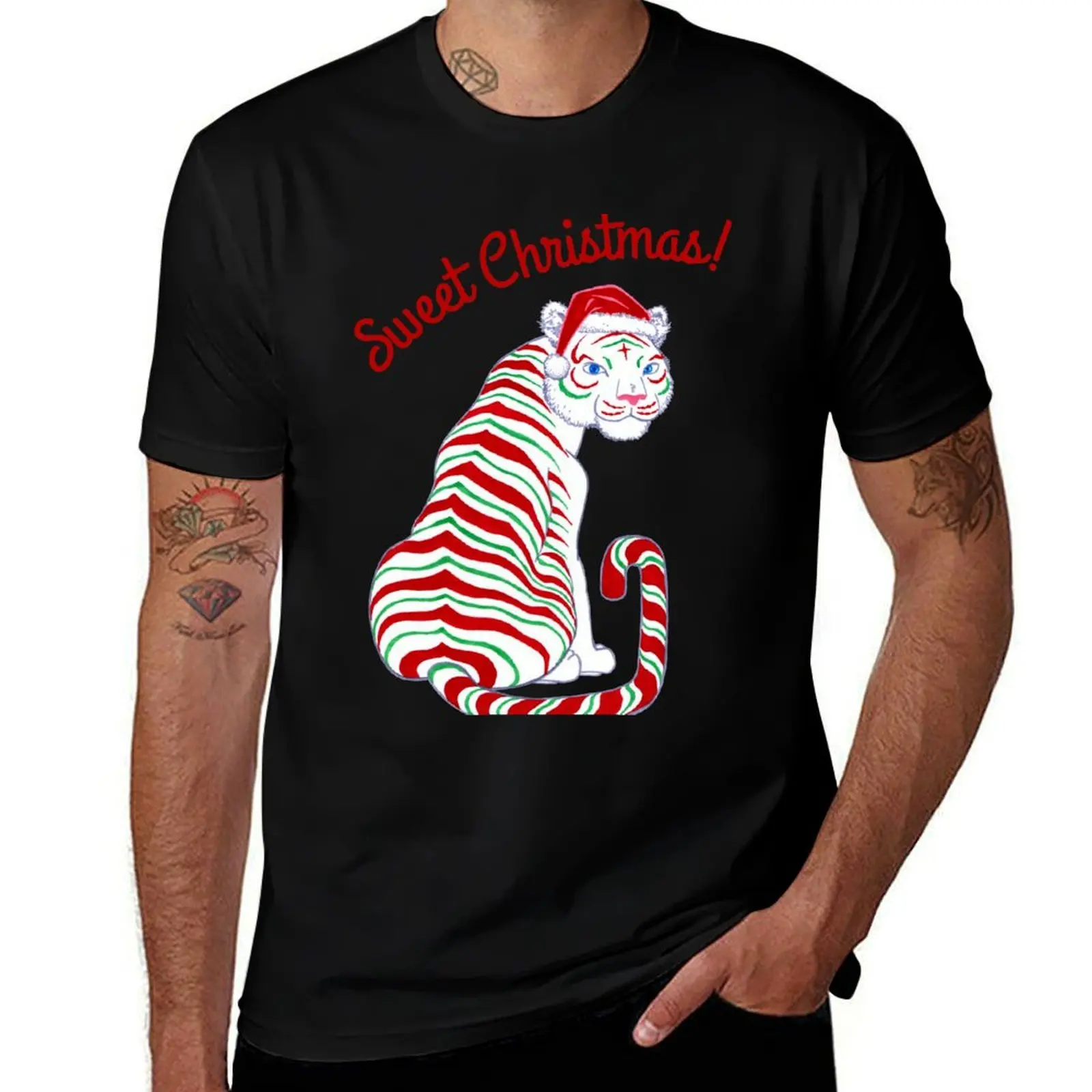 

Sweet Christmas Candy Cane Tiger- Peppermint Holiday T-Shirt t shirts for man cotton funny t shirt man casual T-Shirt