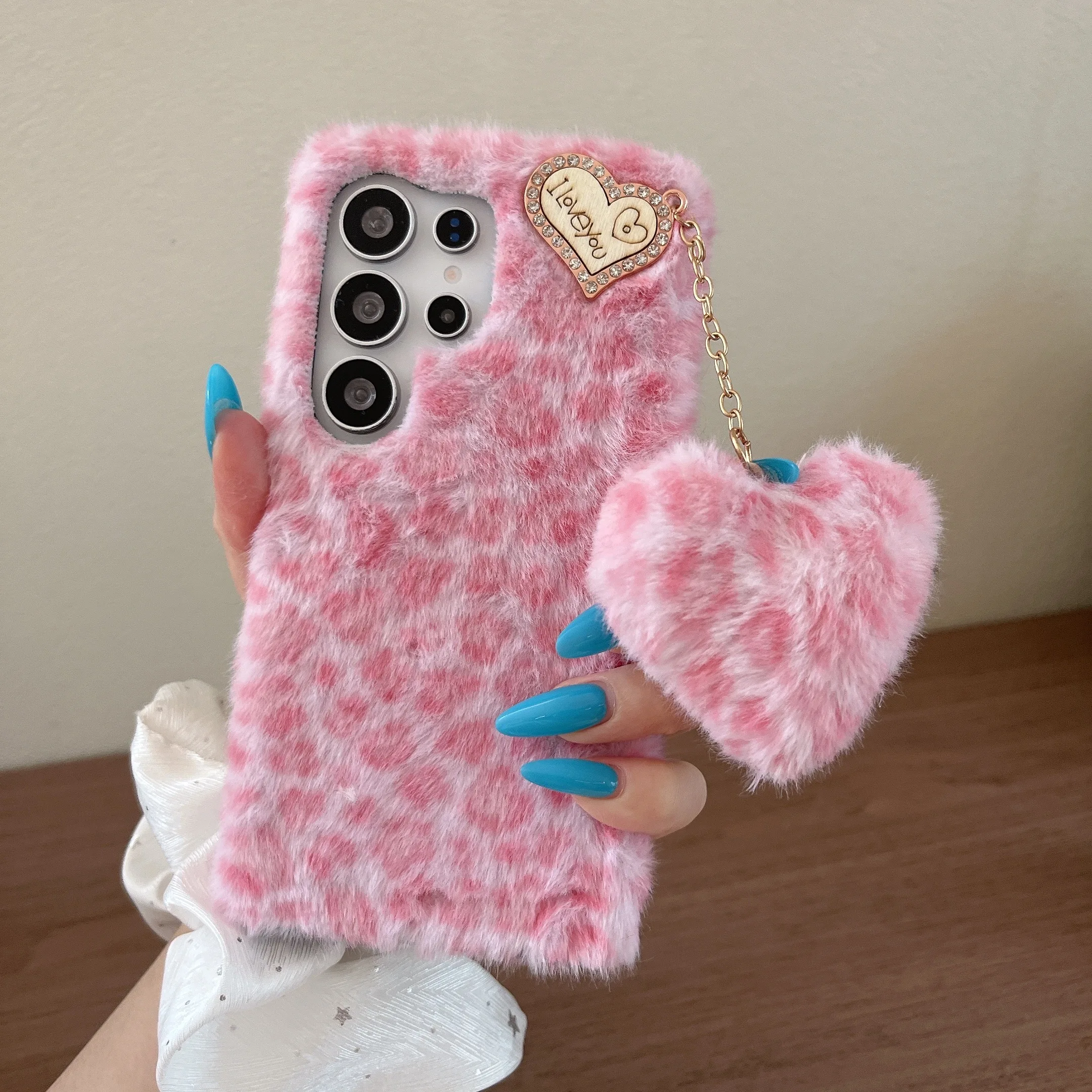 Furry Leopard Heart Pendant Phone Case for Samsung S22 S23FE S24plus S25 S26 Ultra Plush Design Mobile Phone Cover Accessories view 6