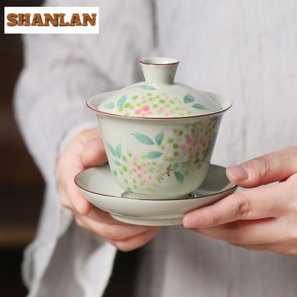 160ml Hand-painted Embroidered Ball Gaiwan Retro Plant Ash Cup Saucer Tea Tureen Tea Maker Cover Bowl Teaset Drinkware Ornaments