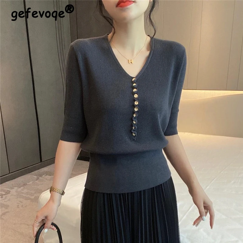 Women Ruffled Buttons Elegant Chic Knitwears Summer Fashion V Neck Half Sleeve Solid Slim Pullovers Office Lady Basic Knit Tops