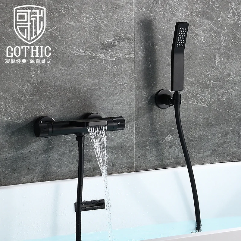 Gothic Black Constant Temperature Brass Tub Faucet Wall Mounted Shower Set Bathroom Mixer Tap With Shower Handle Bathtub Faucets