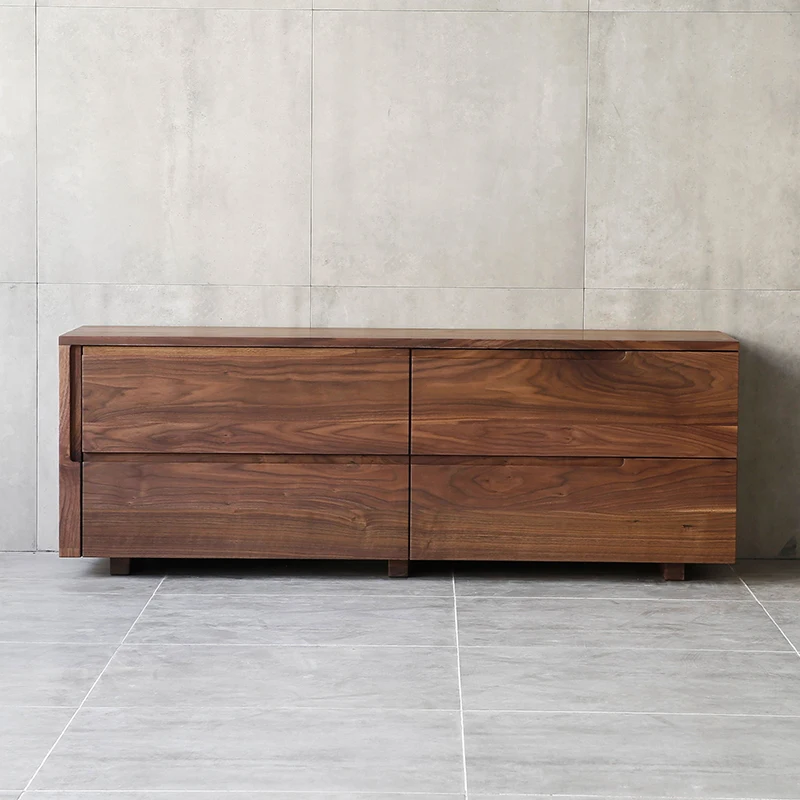

Light luxury black walnut TV cabinet High pure solid wood bucket Side Storage Japanese log