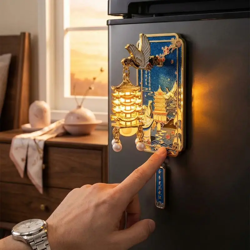 Unique Chinese Style LED Fridge Magnet , Light Up Metal Souvenir Of Yellow Crane Tower With Cherry Blossom Gift