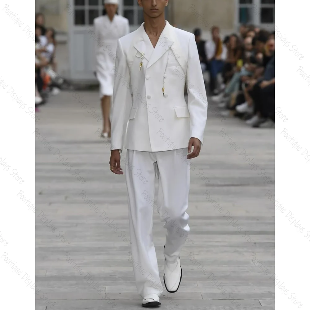 

Pure White Double Breasted Men Suit Two Pieces(Jacket+Pants) Lapel Outfits Chic Casual Party Prom Wedding Set