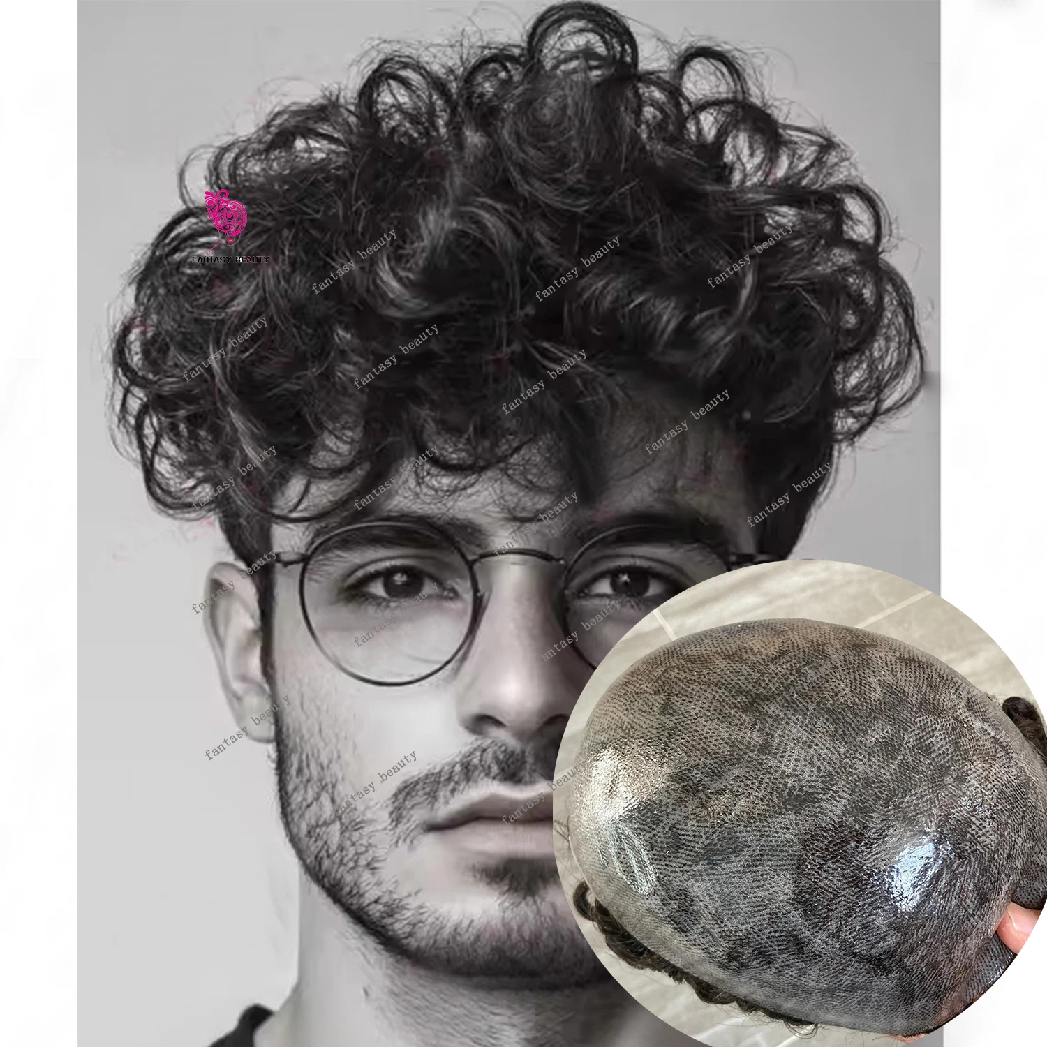 

25mm Curly Male Grey Black Hair Prothesis Durable 0.12mm Thick Full PU Microskin Toupee Men Human Hair Natural Hairline System