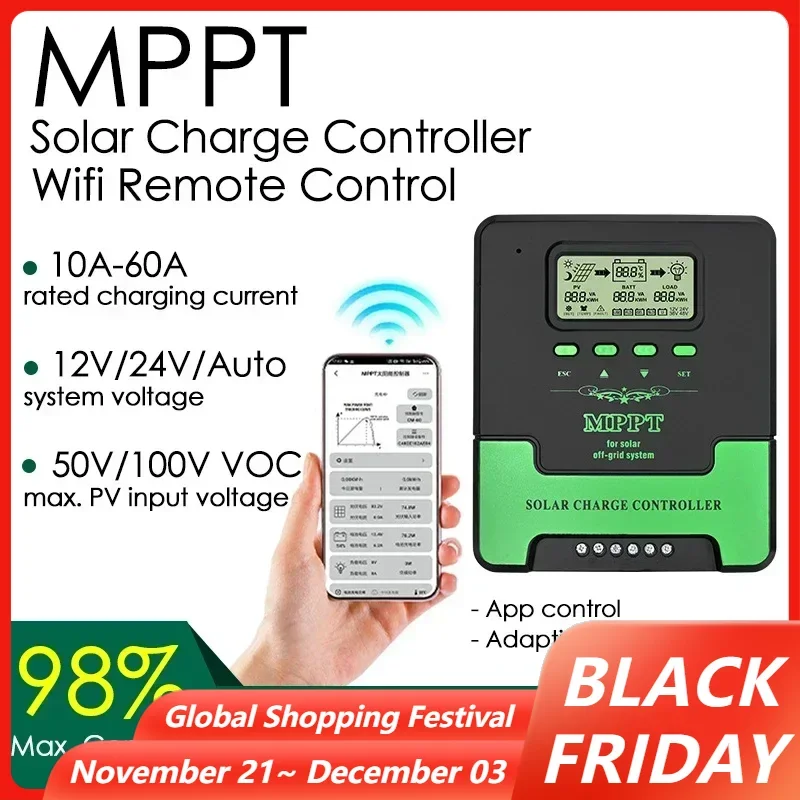 MPPT Solar Charge Controller 12V 24V WIFI 10/20/30/40/50/60A Solar Panel Battery Regulator LCD Display Dual USB Solar Controller