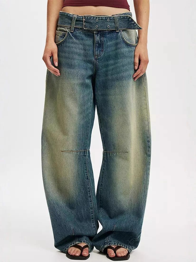 Spring 2026 American Retro Washed Wide-Leg Workwear Jeans High-Street Flared Girl's Pants New Design