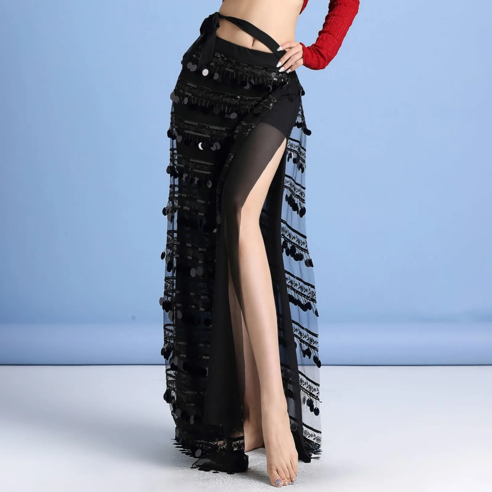 Women Belly Dance Costume Tribal Dance Sequins Slit Long Skirt Bellydance for Halloween Carnival Performance Practice Outfit