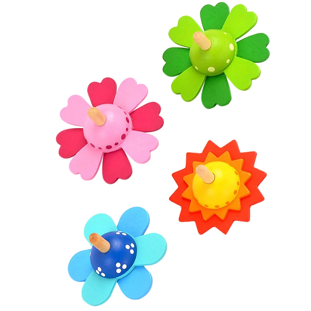 4 Pcs Flower Spinning Top Cognitive Plaything Kids Toys Educational Funny Gyro Rotating Pressure Relief Wooden Children