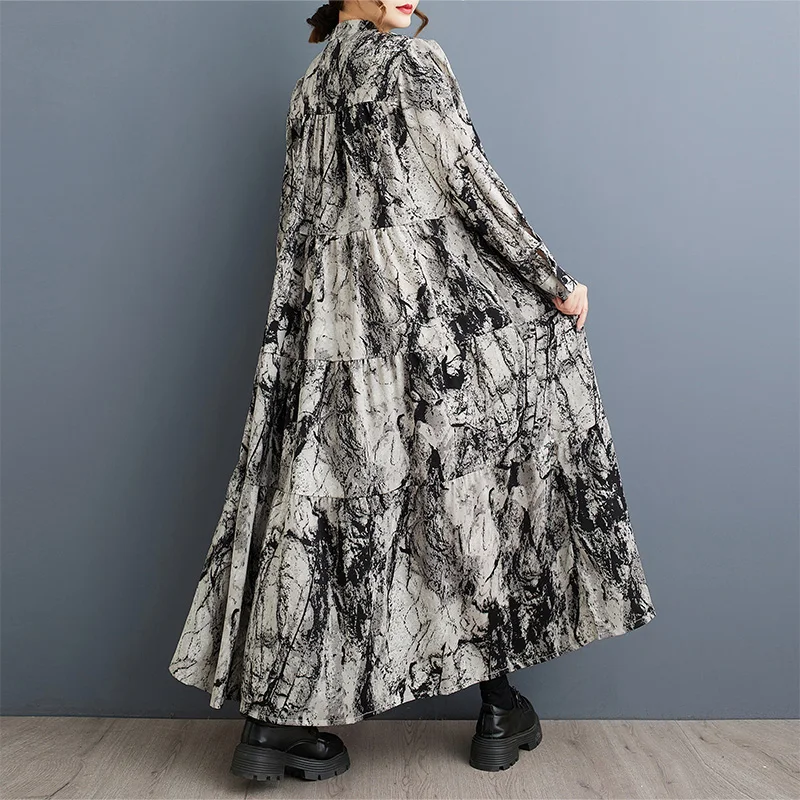 Retro Tie Dye Inktprint Lange Dr Plus Size Dames Faion Lente Herfst f Open Kraag Ele A-lijn Rok Dr