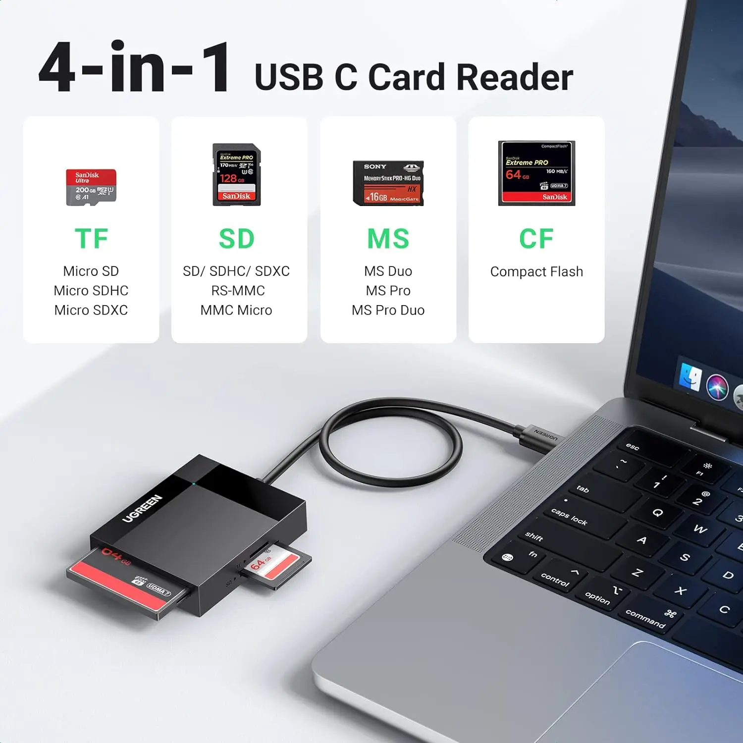 UGREEN USB C SD Card Reader 4-in-1 Memory Card Adapter External SD Micro MS CF Compact Flash Camera Card Reader