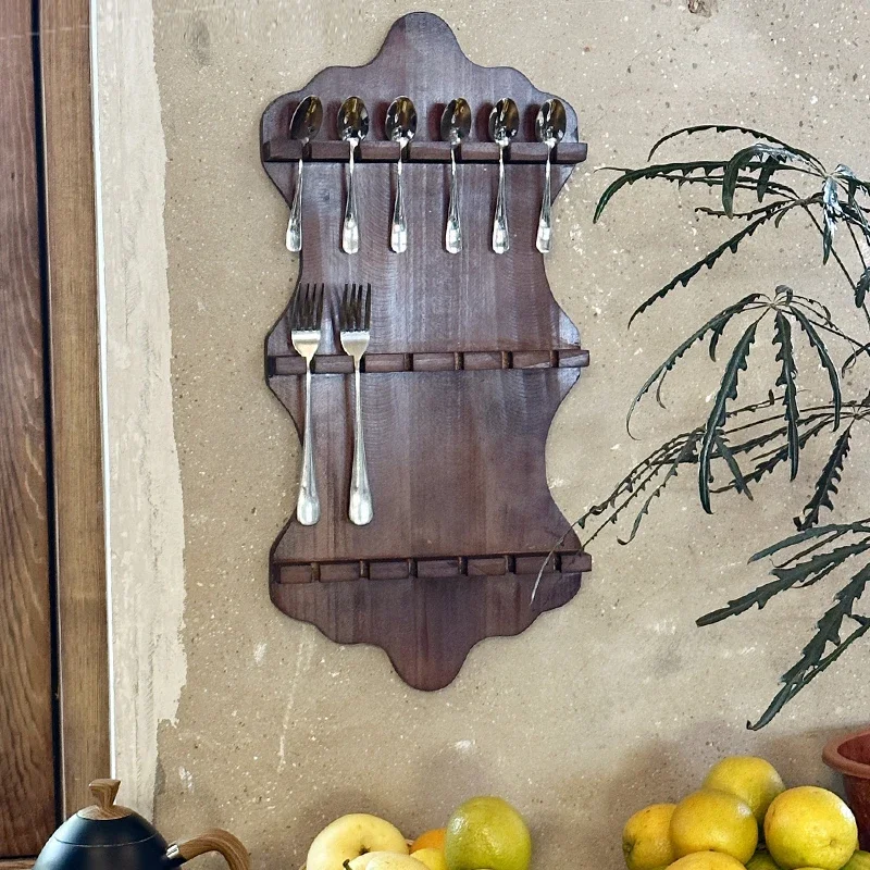 Rustic Wooden Spoon Wall Rack Farmhouse Kitchen Organizer with Natural Wood Frame, Multi-Purpose Restaurant Home Utensil Storage