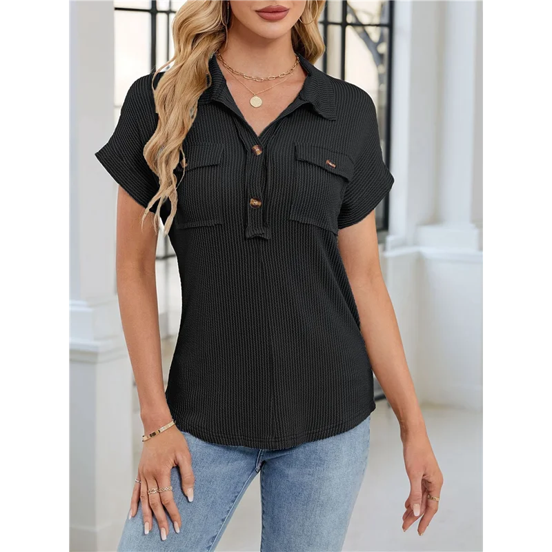 

Женские повседневные рубашки на пуговицах с короткими рукавами и лацканами с V-образным вырезом, трикотажные топы, пляжная одежда для отдыха с карманами