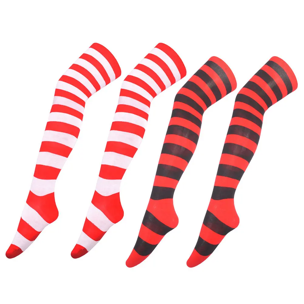 4Pcs Thigh High Stockings for Women Sexy Stripe Long Socks Elegant Leg Shape Enhancer Cosplay Party Christmas Festival Costume