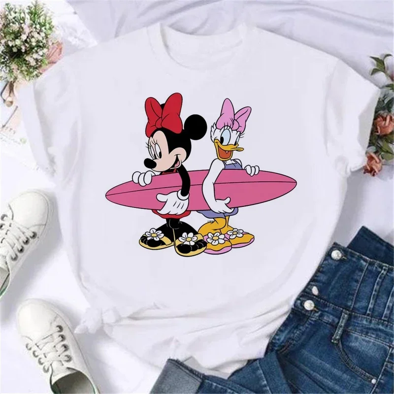 Mickey Minnie Family Vacation T Shirt Woman Kawaii Donald Duck Daisy Print Tee Fashion Clothes Casual Women T-shirt Summer Tops