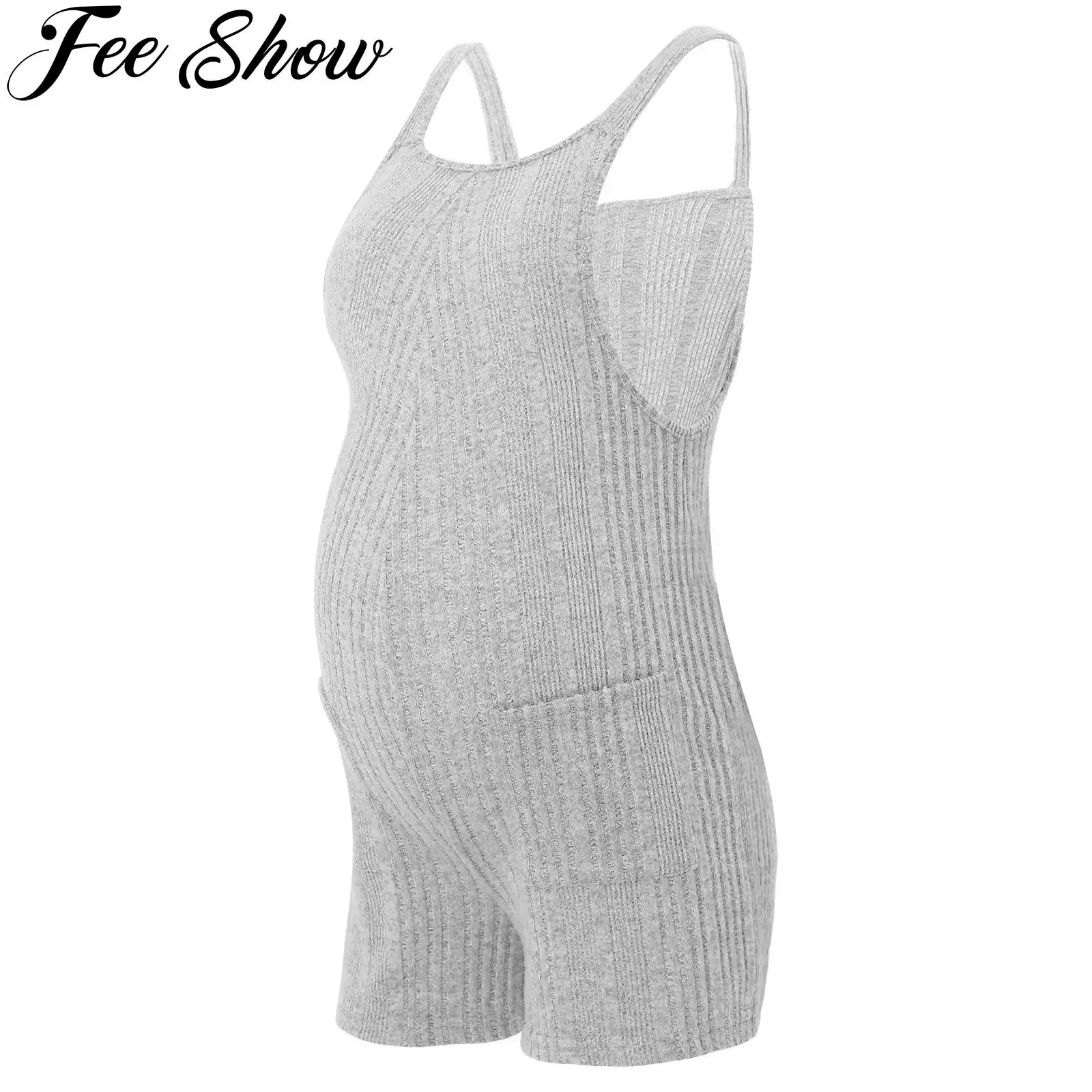 

Women's Maternity Overalls Pants with Pockets Casual Summer Sleeveless Ribbed Knitted Pregnancy Shorts Romper Jumpsuits Clothes