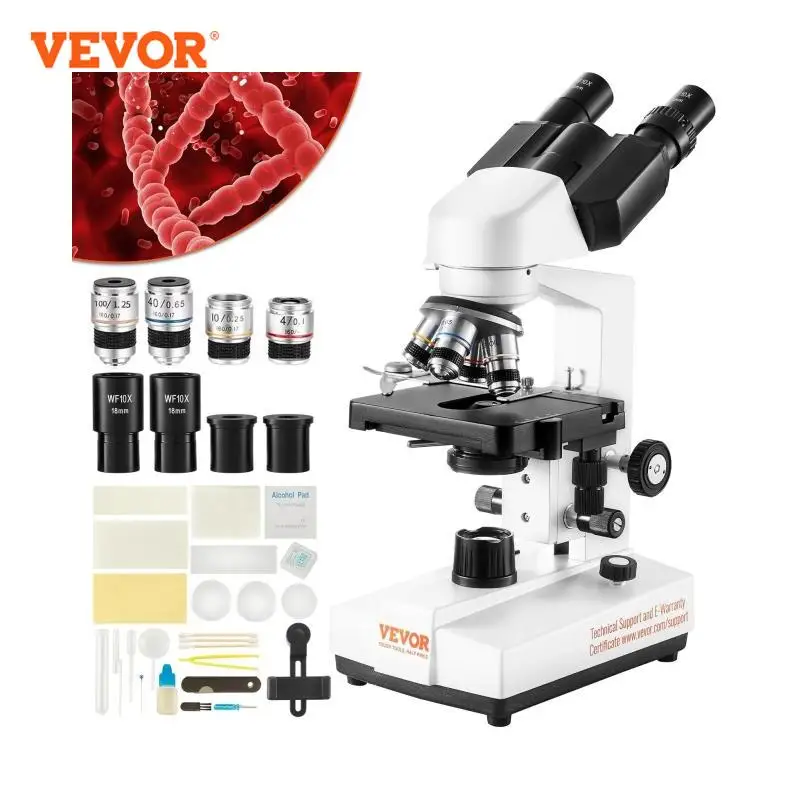 VEVOR Binocular Compound Trinocular Microscope 40X-2500 Magnification Lab Microscope with LED Illumination & External Interface