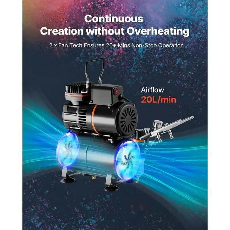 Kit aérographe 1/6 HP avec compresseur et réservoir, 3 pistolets aérographes double action, 3 buses (0,3/0,3/0,5 mm), tuyau, peinture acrylique et 2 ventilateurs pour la décoration de gâteaux, la peinture de modèles, le nail art