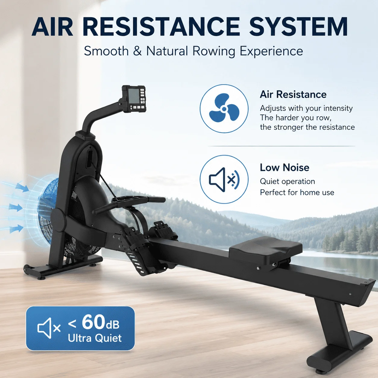 Air Rower Rowing Machine, Ultra Quiet Precision Resistance Fitness Equipment for Gym Cardio Training