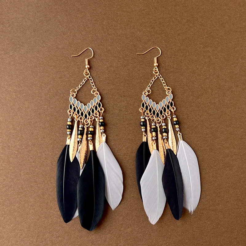 Schwarze Serie Bohemian Vintage Ethnische Baumeln Ohrringe für Frauen Dame Elegante Lange Quaste Feder Ohrring Weiblichen Schmuck – Detail 11