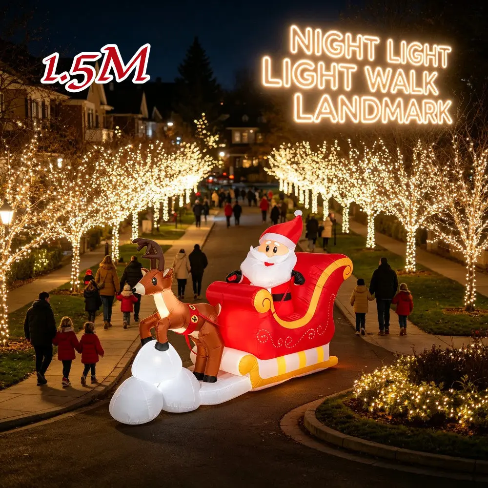 Christmas Inflatable 1.5M Reindeer Sled Santa Claus With Built LED Lights Indoor And Outdoor Courtyard Garden Window Decoration