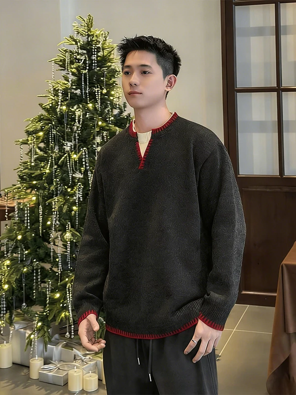 

Мужской повседневный вязаный свитер с V-образным вырезом, свободный крой, базовый слой, модный дизайн с вставками, весна-осень, в стиле lazy style